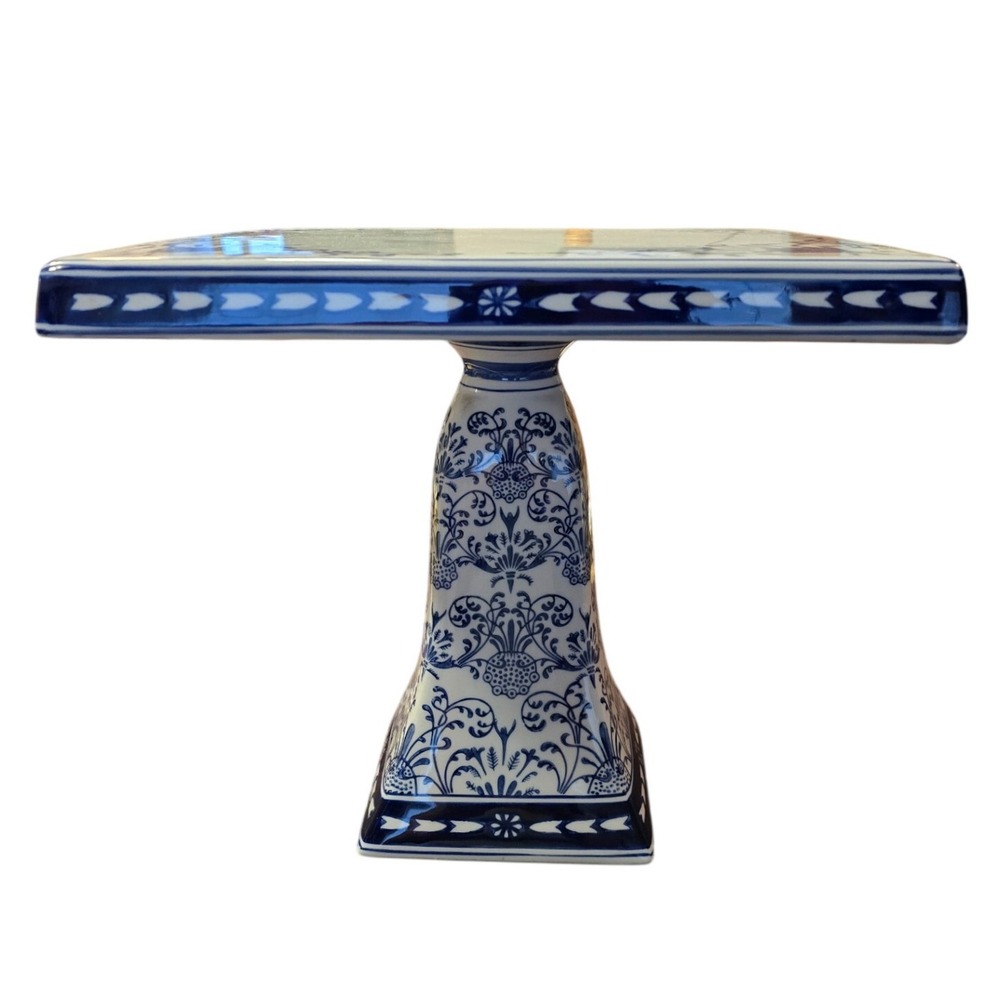 Bombay Company Blue White  Ceramic Square Pedestal Cake Stand 10 inch